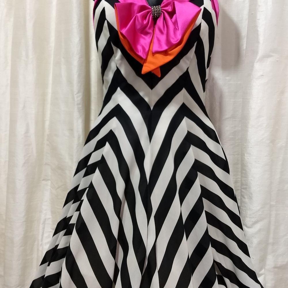 Karen Okada party dress black white striped fuschia trim bow rhinestones size 4